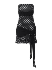 Saia curta ao estilo europeu e americano da INS, elegante padrão de bolinhas, patchwork sem alças que aperta a cintura, vestido de gravata com aplique com blocos de cor