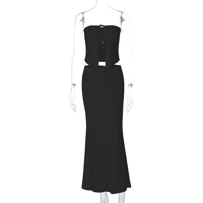 Conjunto de vestido comprido de verão 2026 para mulheres europeias e americanas de verão 2026, sexy patchwork de top justo ajustado ao peito