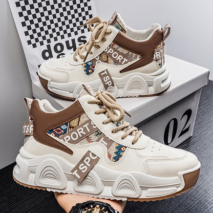 Sapatos masculinos 2025 novos sapatos casuais casuais casuais de outono e versáteis desportivos na moda, sapatos casuais casuais de sola grossa para estudantes que aumentam a altura para homens