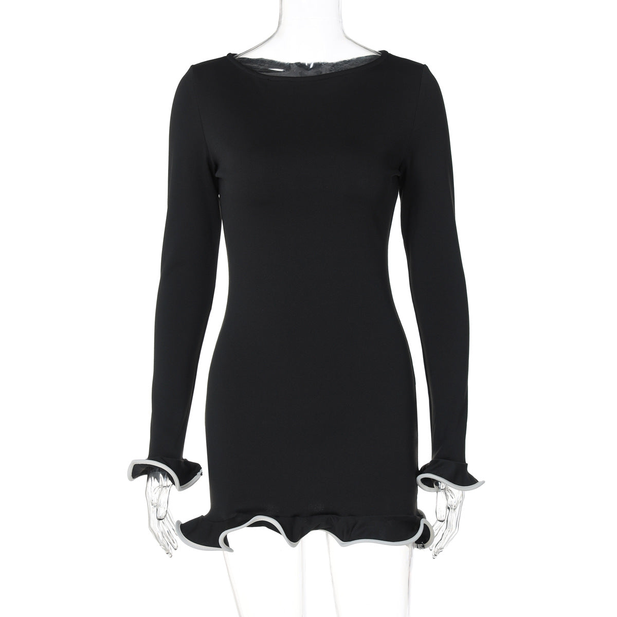 Saia curta justa e sexy, vestido com folhos, vestido de malha com borda enrolada, vestido feminino de verão de manga longa de cor sólida para exportação europeu e americano