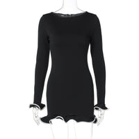 Saia curta justa e sexy, vestido com folhos, vestido de malha com borda enrolada, vestido feminino de verão de manga longa de cor sólida para exportação europeu e americano