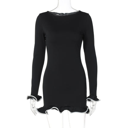 Saia curta justa e sexy, vestido com folhos, vestido de malha com borda enrolada, vestido feminino de verão de manga longa de cor sólida para exportação europeu e americano