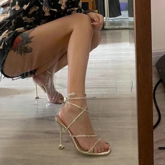 Estação Europeia Clube Noturno Nova Sandália de Pedras de Peixe Estilo Fada Feminina Gravata Stiletto Moda Sandálias de Salto Alto Sandálias da Moda