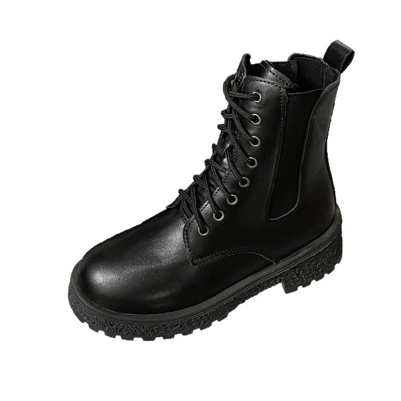 Botas femininas: Botas de salto redondo com salto redondo de salto médio, sapatos femininos em couro verniz coreano de outono 2025, botas Martin confortáveis