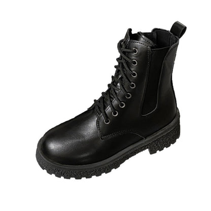 Botas femininas: Botas de salto redondo com salto redondo de salto médio, sapatos femininos em couro verniz coreano de outono 2025, botas Martin confortáveis