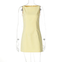 Vestido fino de verão 2025, de cor sólida, de cor sólida e de duas camadas, de cor sólida para mulheres europeias e americanas, sem mangas e fecho nas costas, com fecho nas costas