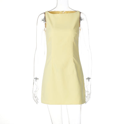 Vestido fino de verão 2025, de cor sólida, de cor sólida e de duas camadas, de cor sólida para mulheres europeias e americanas, sem mangas e fecho nas costas, com fecho nas costas