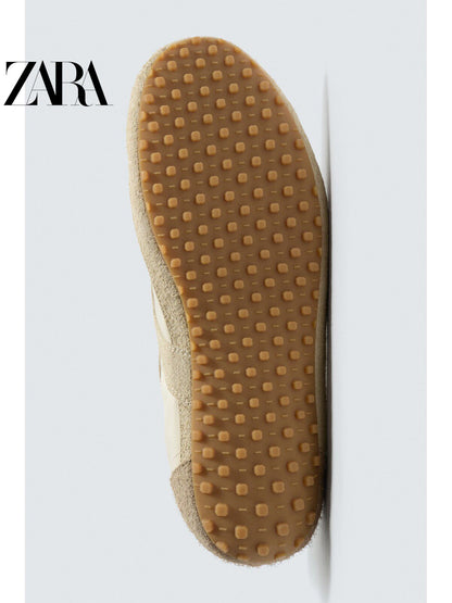 Sapatos masculinos ZARA, lançamento da coleção verão 2026, com detalhes em camurça, modelo retrô com cadarço e design leve (código: 2365720 102).
