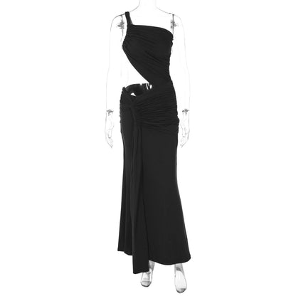 Um novo vestido sem alças, sem alças, de um ombro e recortado na cintura, que revela um estilo puro e sedutor e estreito, de duas camadas, com um estilo transfronteiriço popular