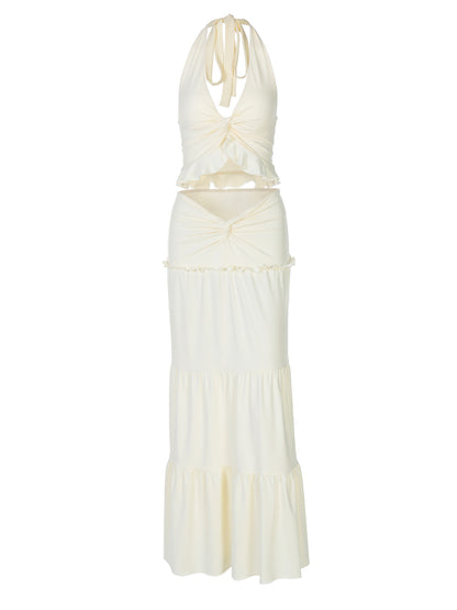Moda feminina europeia e americana, novo conjunto sexy de vestidos longos com decote em V com borda com folhos e alças longas torcidas para mulheres