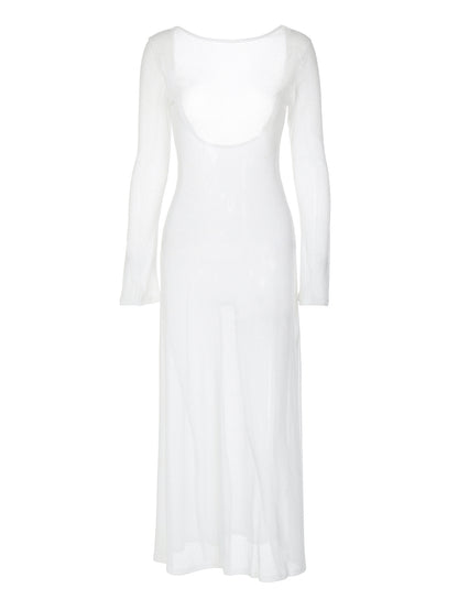 Moda transfronteiriça de verão, vestido novo e sexy, sem costas, puro, transparente, slim, longo, de cor sólida versátil