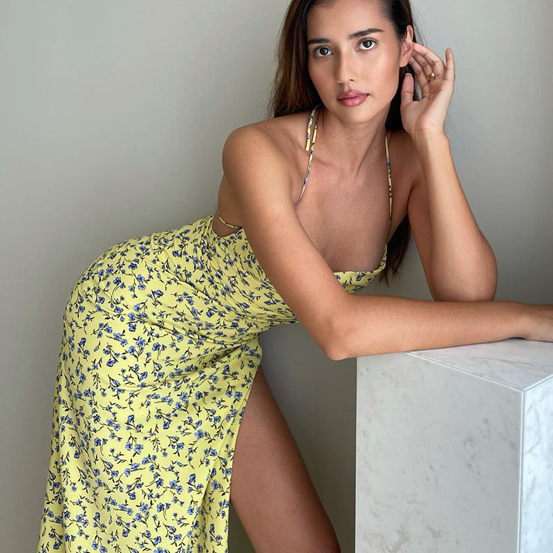 Roupa feminina ao estilo europeu e americano 2026 novo artigo quente de exportação, vestido slip floral sexy com fenda e vestido sem costas para mulheres