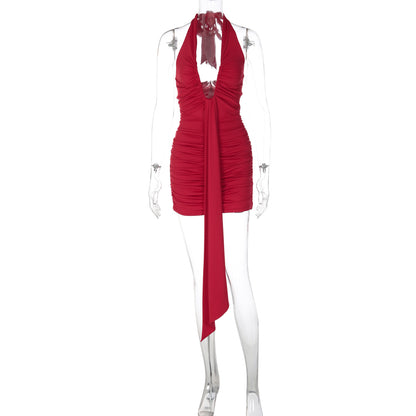 Moda transfronteiriça europeia e americana: vestido feminino sexy em V profundo sem mangas, vestido de fita ajustado que aperta a cintura para mulheres