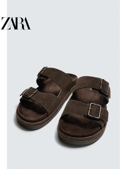 Sandálias masculinas de couro com duas tiras, lançamento da coleção verão 2026 da ZARA (código: 2738720 721).