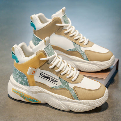 Sapatos masculinos de cano alto, novos sapatos desportivos juvenis de basquetebol de outono 2025, corrida casual, ténis de pai com sola grossa que aumentam a altura e na moda