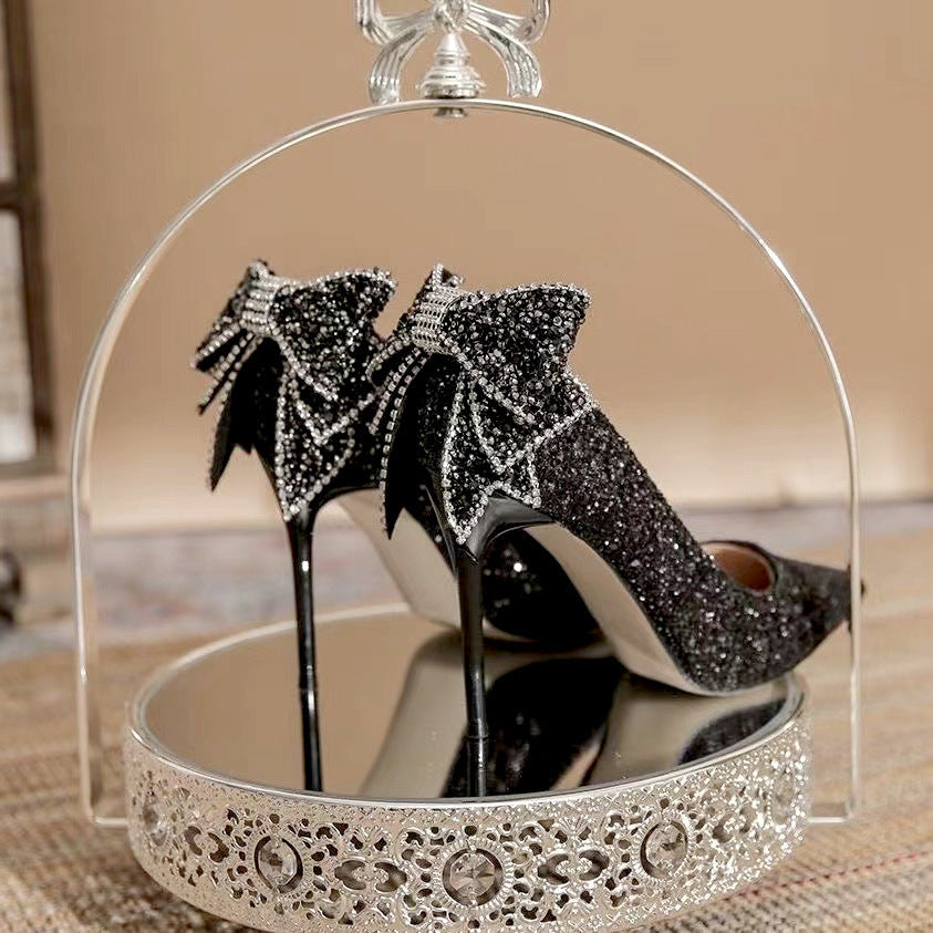 Primavera/Outono 2025 Novos Laços de Salto Alto de Diamante de Prata em Cristal para Mulher, Sapatos de Casamento Francês de Stiletto de Alta Qualidade para As Damas de Honor