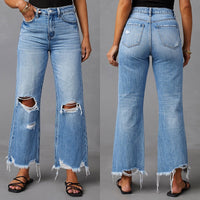 2025 Novas calças de perna larga transfronteiriças, jeans de cintura alta rasgados em tie-dye lavados com borlas, calças compridas casuais de perna direita para mulheres