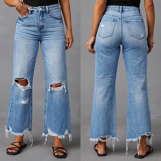 2025 Novas calças de perna larga transfronteiriças, jeans de cintura alta rasgados em tie-dye lavados com borlas, calças compridas casuais de perna direita para mulheres