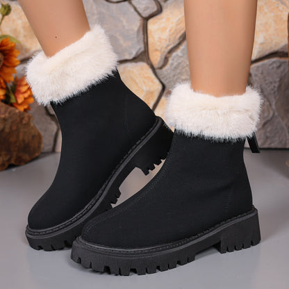 2025 Europe Station Fleece Neck Back Zipper Fleece Botas Martin Botas de Neve Curtas Quentes Femininas Edição Engrossada de Inverno
