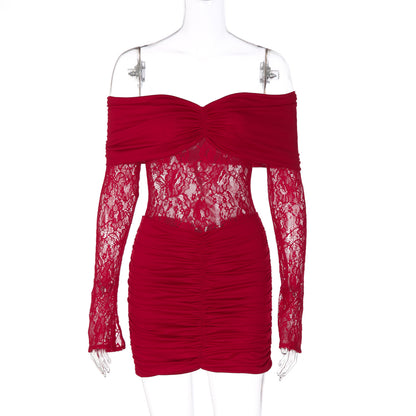 Novo vestido curto sexy, sem alças, sem mangas, em renda, transparente, plissado, justo,