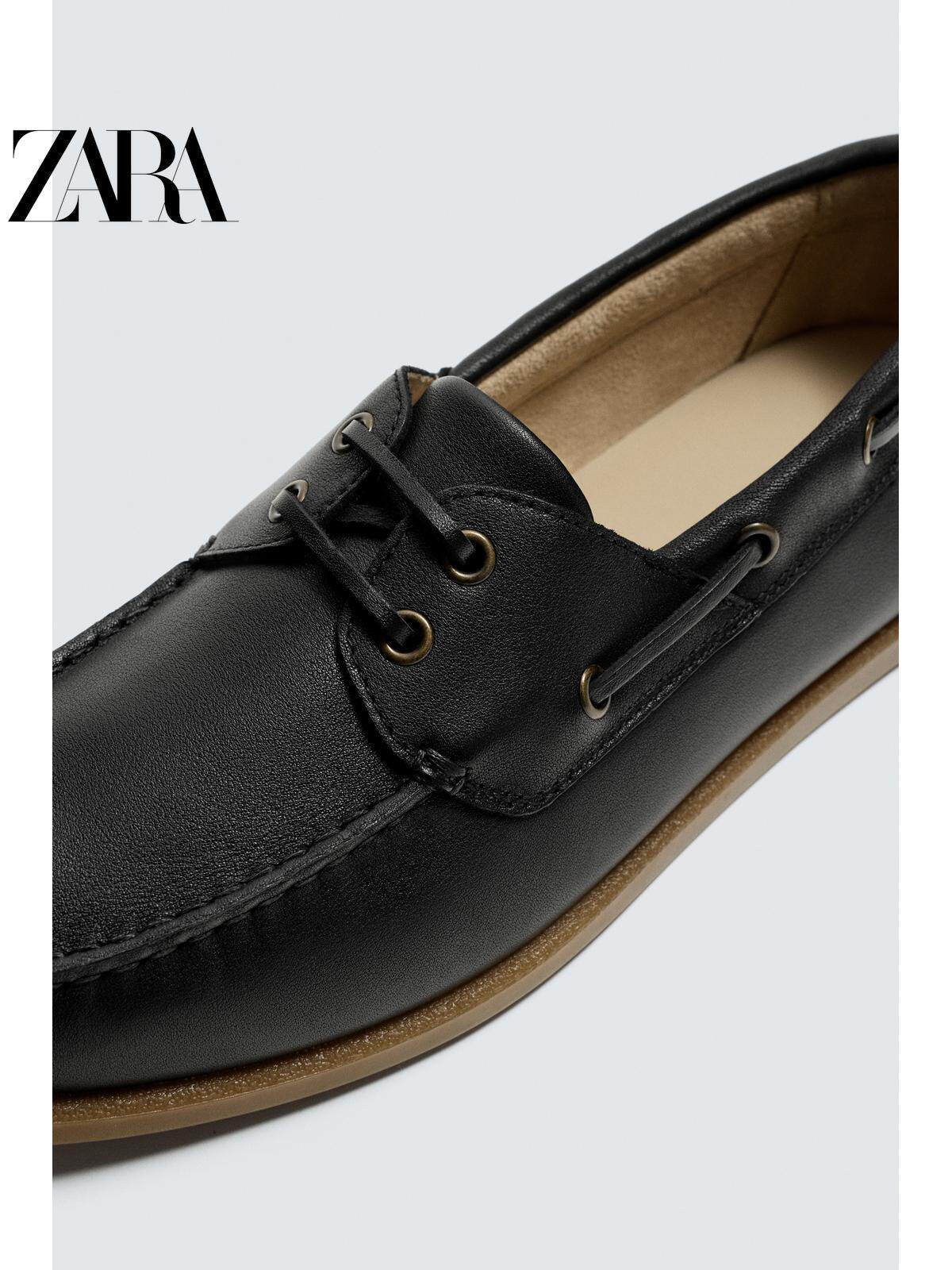 Sapatos masculinos ZARA Primavera/Verão 2026, cabedal em couro liso, bico redondo, estilo náutico, 2438720 800