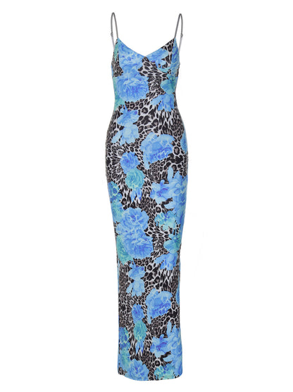 Vestido Feminino Novo Vestido Comprido de Verão Europeu e Americano 2026, Estilo de Rua, Elegante Estampado Slim Fit, Vestido de Alças Deslizantes para Mulheres