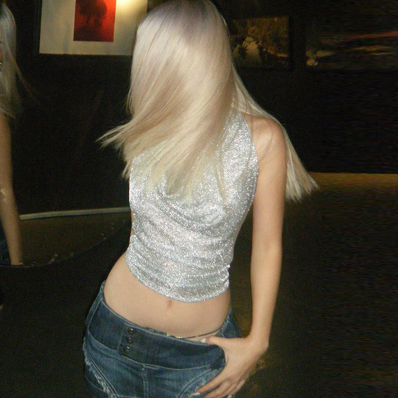 Estilo de discoteca sexy europeu e americano, nova alça de cintura sem amarrar sem costas brilhante e brilhante, com uma alça para mulheres