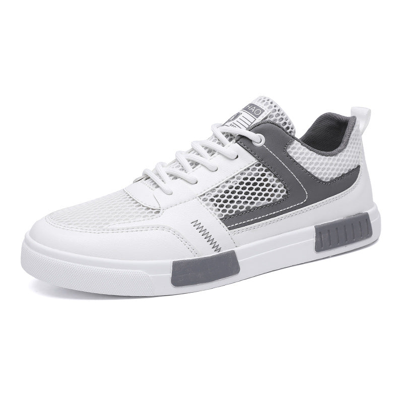 Sapatilhas de malha fina respiráveis de malha oca, sapatilhas casuais leves de quadro branco, sapatilhas desportivas masculinas em malha