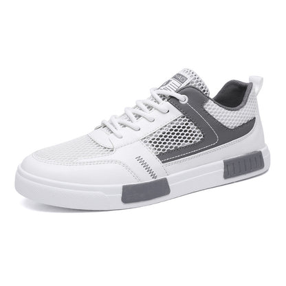 Sapatilhas de malha fina respiráveis de malha oca, sapatilhas casuais leves de quadro branco, sapatilhas desportivas masculinas em malha