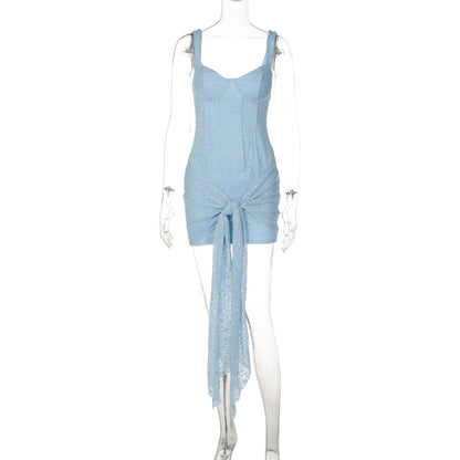 Vestido de Moda Transfronteiriço em renda Sexy com decote em V, cintura apertada na cintura, vestido com alças retalhadas e contornos de anca