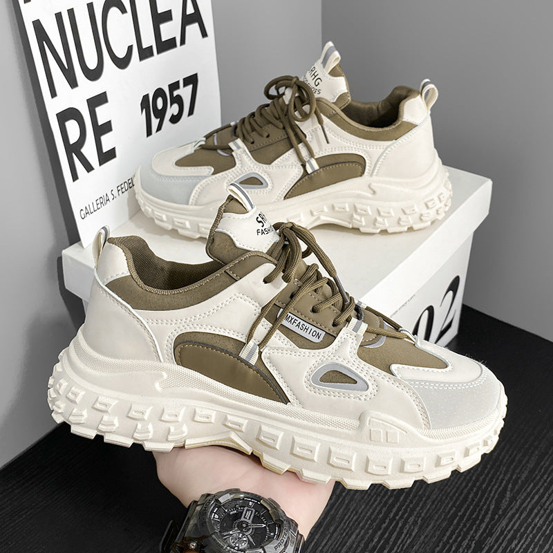 Sapatos Masculinos Populares de Celebridades na Internet 2024 Novos Primaveras Versáteis Casuais Casuais para Aumento de Altura Pequenos Desportivos Brancos Estilo Hong Kong Dad Ins Sapatos Modernos