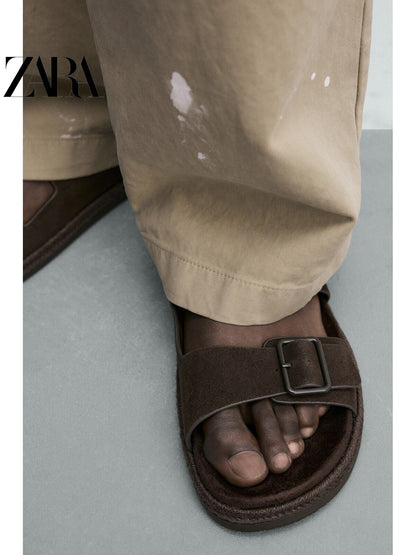 Sandálias masculinas de couro com duas tiras, lançamento da coleção verão 2026 da ZARA (código: 2738720 721).