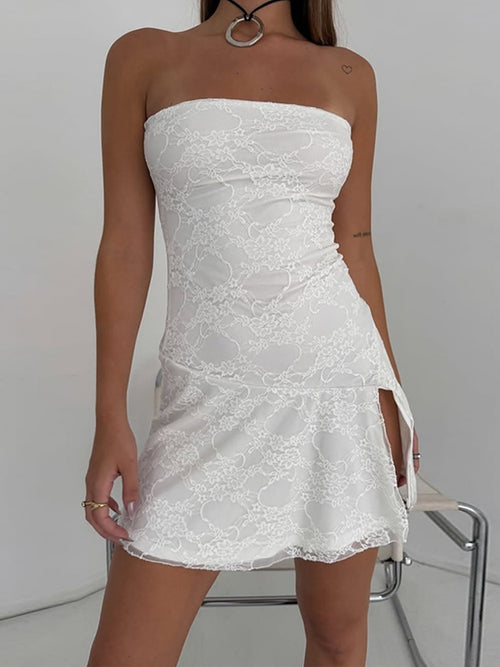 Vestido curto sexy sexy com fendas em renda fina e bestseller cross-fronteiriço da Amazon, nova moda feminina sem alças em retalhos