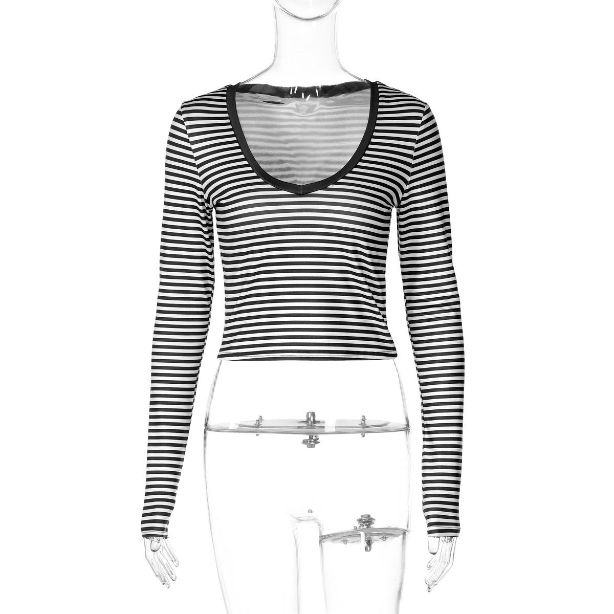 Estilo europeu e americano INS, estilo transfronteiriço e vendas de novas modas, rapariga às riscas de manga longa picante, camisetas curtas versáteis, slim tops versáteis, dropshipping