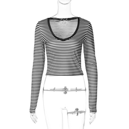 Estilo europeu e americano INS, estilo transfronteiriço e vendas de novas modas, rapariga às riscas de manga longa picante, camisetas curtas versáteis, slim tops versáteis, dropshipping
