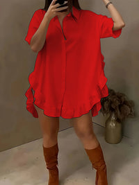Roupa feminina O-size de manga curta para comércio estrangeiro transfronteiriço, folhos plissados soltos de cor sólida, camisa de bainha larga, camisa casual