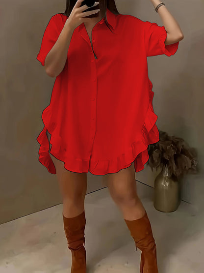 Roupa feminina O-size de manga curta para comércio estrangeiro transfronteiriço, folhos plissados soltos de cor sólida, camisa de bainha larga, camisa casual