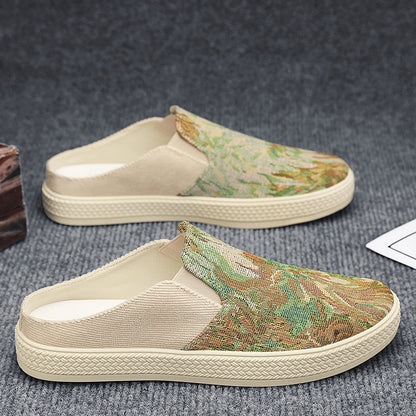 Sapatos masculinos de lona, sapatos casuais casuais respiráveis de um passo e modernos da primavera, sapatos de salto meia-drop masculinos na moda