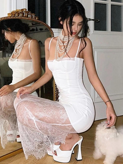 Vestido de moda feminino mais vendido da Amazon Export, vestido de alças longas em renda com alças translúcidas com ombros descobertos, ajustado e ajustado