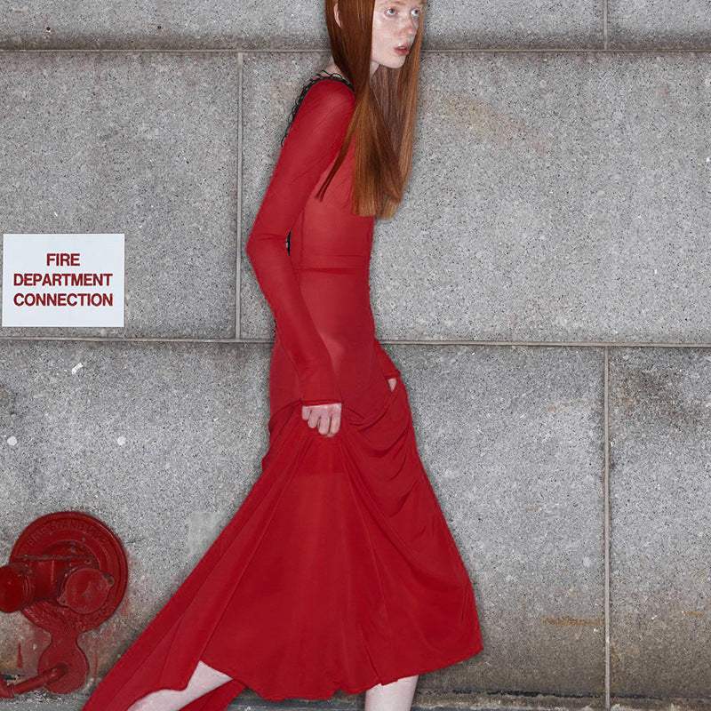 Vestido feminino novo e sexy de verão de malha sem costas, de manga comprida extra-longa, ao estilo europeu e americano, para mulheres