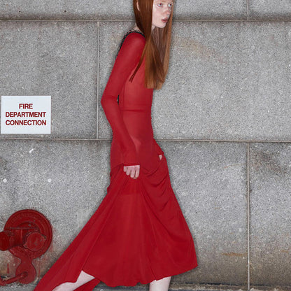Vestido feminino novo e sexy de verão de malha sem costas, de manga comprida extra-longa, ao estilo europeu e americano, para mulheres