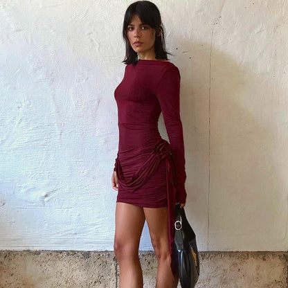 Estilo europeu e americano INS, vestido versátil de fita versátil, fita versátil, de manga longa, decote redondo e corte justo, de cor sólida,
