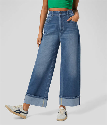 Primavera 2025 Novos Jeans de Cintura Alta Cruzada Europeu e Americano de Perna Direita com Perna Esticada e Bainha Enrolada Calças Casuais de Perna Larga para Mulher