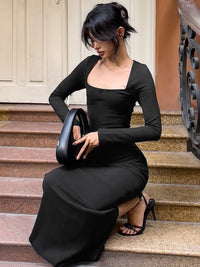 Vestido Decorativo Retallado de Verão Feminino Transfronteiriço de Verão de Cor Sólida Slim, de decote longo e decote em U, Patchwork