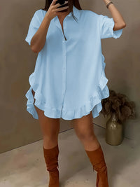 Roupa feminina O-size de manga curta para comércio estrangeiro transfronteiriço, folhos plissados soltos de cor sólida, camisa de bainha larga, camisa casual