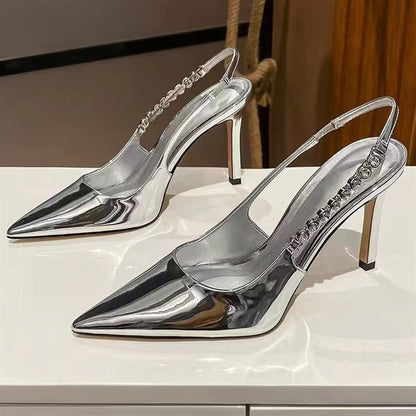 Salto alto de prata com bico pontiagudo de strass de verão 2023 Saltos altos elegantes socialite Stiletto para mulheres