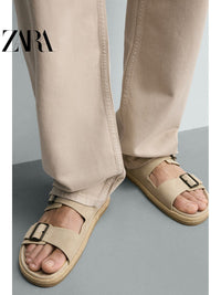 Sandálias de praia masculinas ZARA Primavera/Verão 2026 em couro com fecho de fivela dupla larga 2738720 131