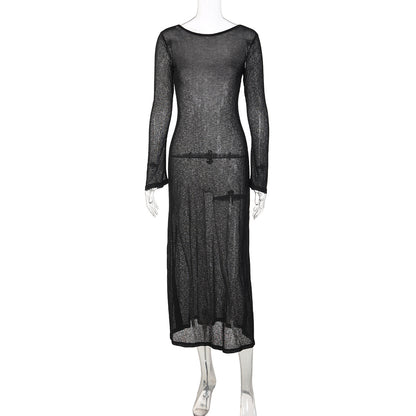 Moda transfronteiriça de verão, vestido novo e sexy, sem costas, puro, transparente, slim, longo, de cor sólida versátil