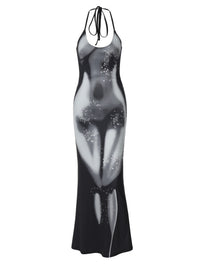 Verão novo vestido longo de moda de exportação europeu e americano com estampas de exportação transfronteiriças, decote halter, vestido comprido sexy e sensual para mulheres