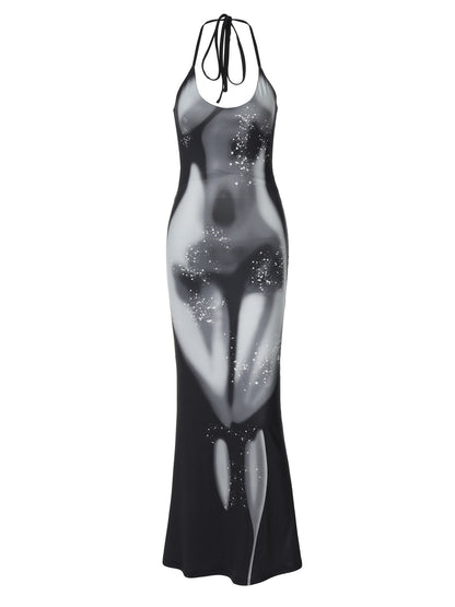 Verão novo vestido longo de moda de exportação europeu e americano com estampas de exportação transfronteiriças, decote halter, vestido comprido sexy e sensual para mulheres